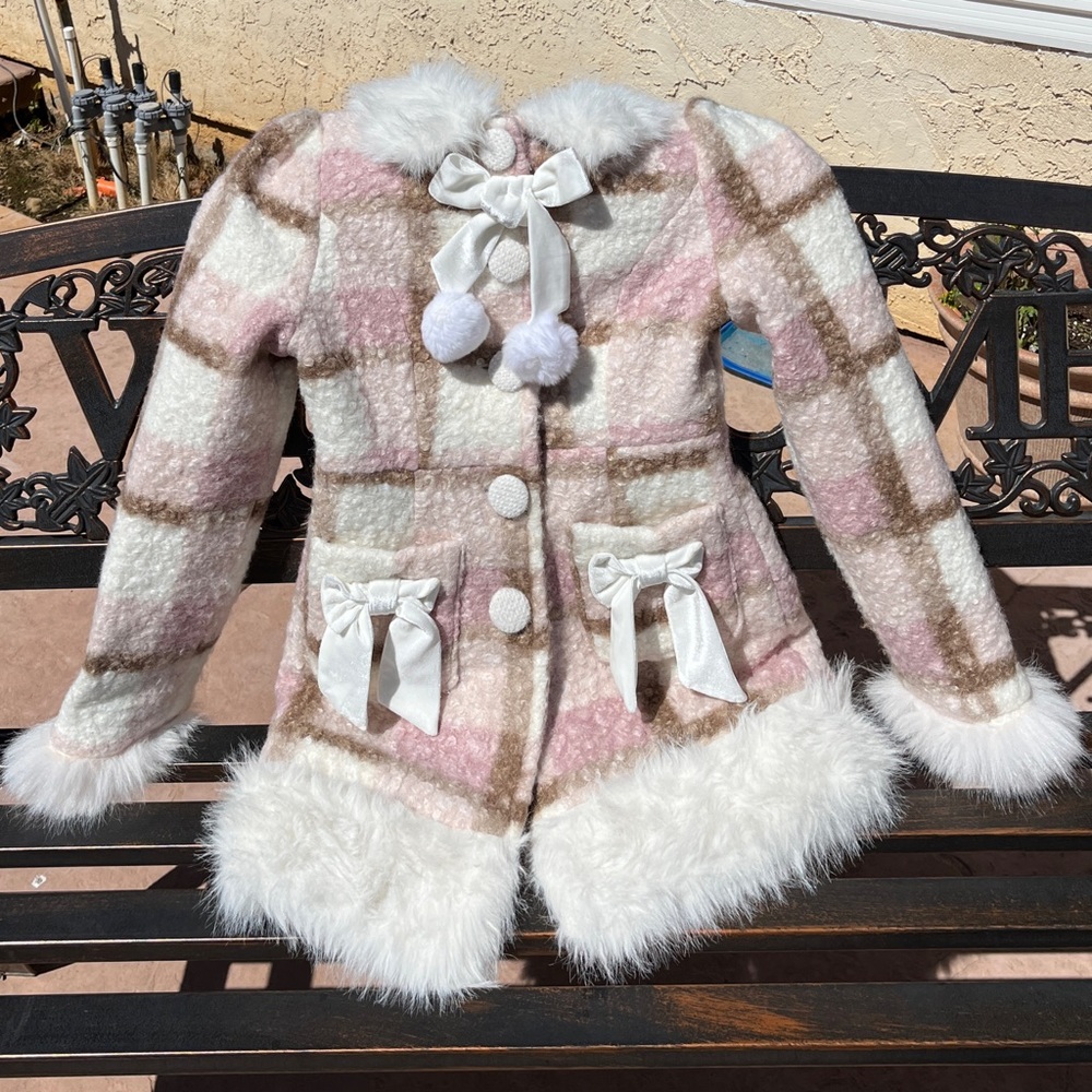 Plaid pink brown and white Faux fur wool Coat